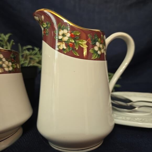 Splendor by Sakura Sugar Bowl and Creamer Pitcher Fine Stoneware Floral Burgundy - Picture 3 of 8